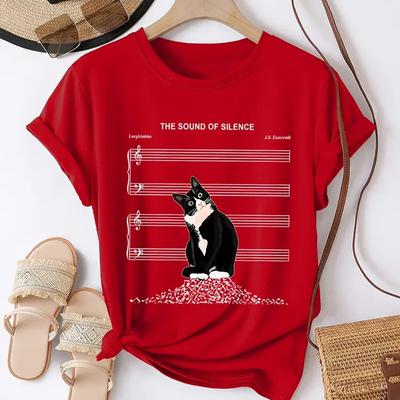 Women Summer T Shirt Retro Fashion Short Sleeve Tees Casual Kitten Printed  Tops
