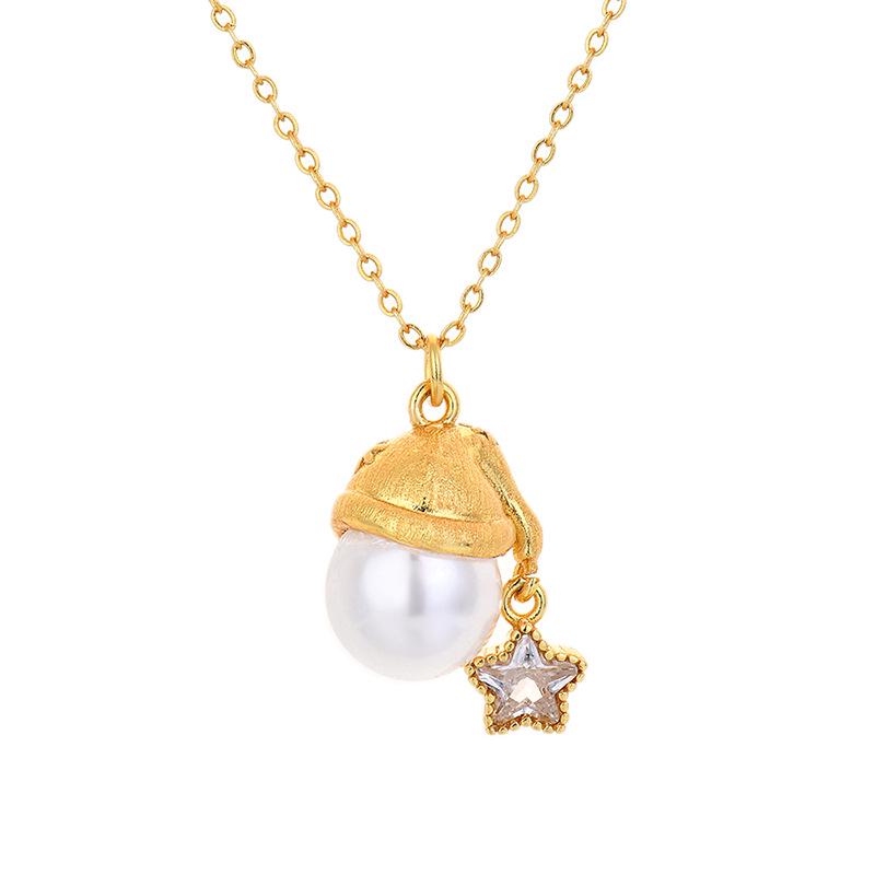 Xiaohongshu Style Santa Hat Pendant Necklace with Star and Pearl