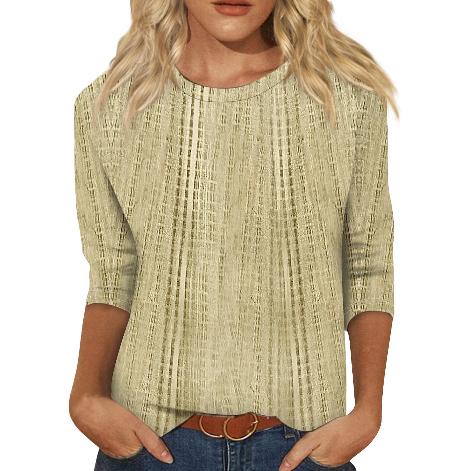 

Жіночий модний повсякденний топ з круглим вирізом і рукавами три чверті, текстурованим принтом S хакі