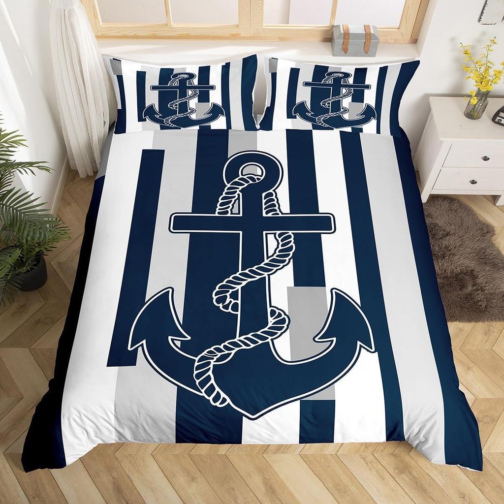 Nautical Anchor Duvet Cover,Geometric Stripes Anchor Bedding Set Twin For Boys Girls Room Decor,Ocean Adventure Comforter Cover