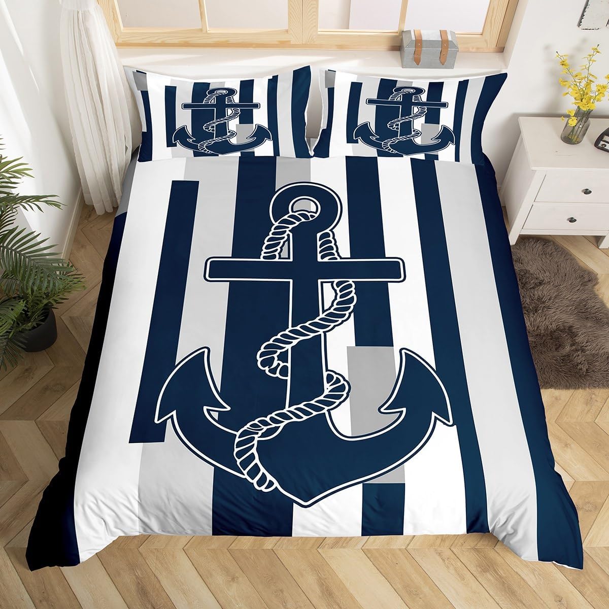 

Пододеяльник «Морской якорь», Геометрические полосы, Постельный комплект «Якорь» Полуторный для декора комнаты мальчика/девочки, Чехол для одеяла «Океанское приключение» EU Single(135x200cm)