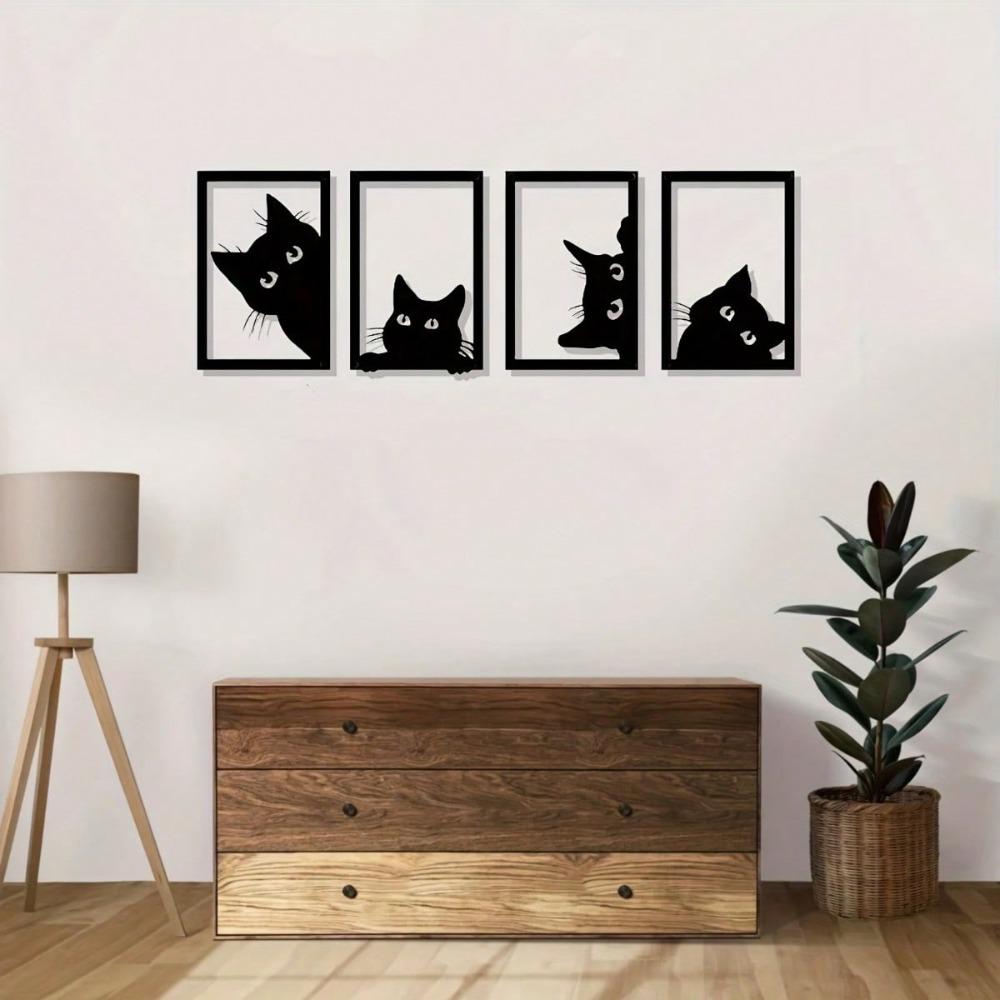 Four Piece Black Metal Cat Wall Art, Modern Animal Silhouette Sculpture Decor for Home Office Cafe