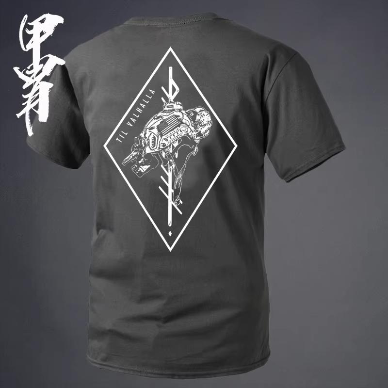 Summer New Products Military Style Tough Guy Style Checkered Tactical Helmet Style Roundneck ShortSleeved TShirt