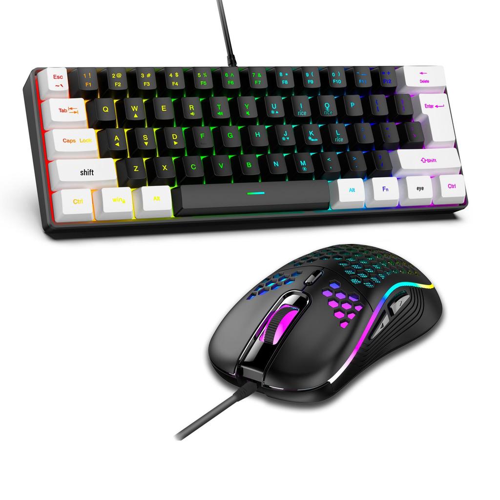61-Key RGB Wired Gaming Keyboard & Mouse Set, Non-mechanical Membrane, Black & White, with Seven-Color Mini Backlight