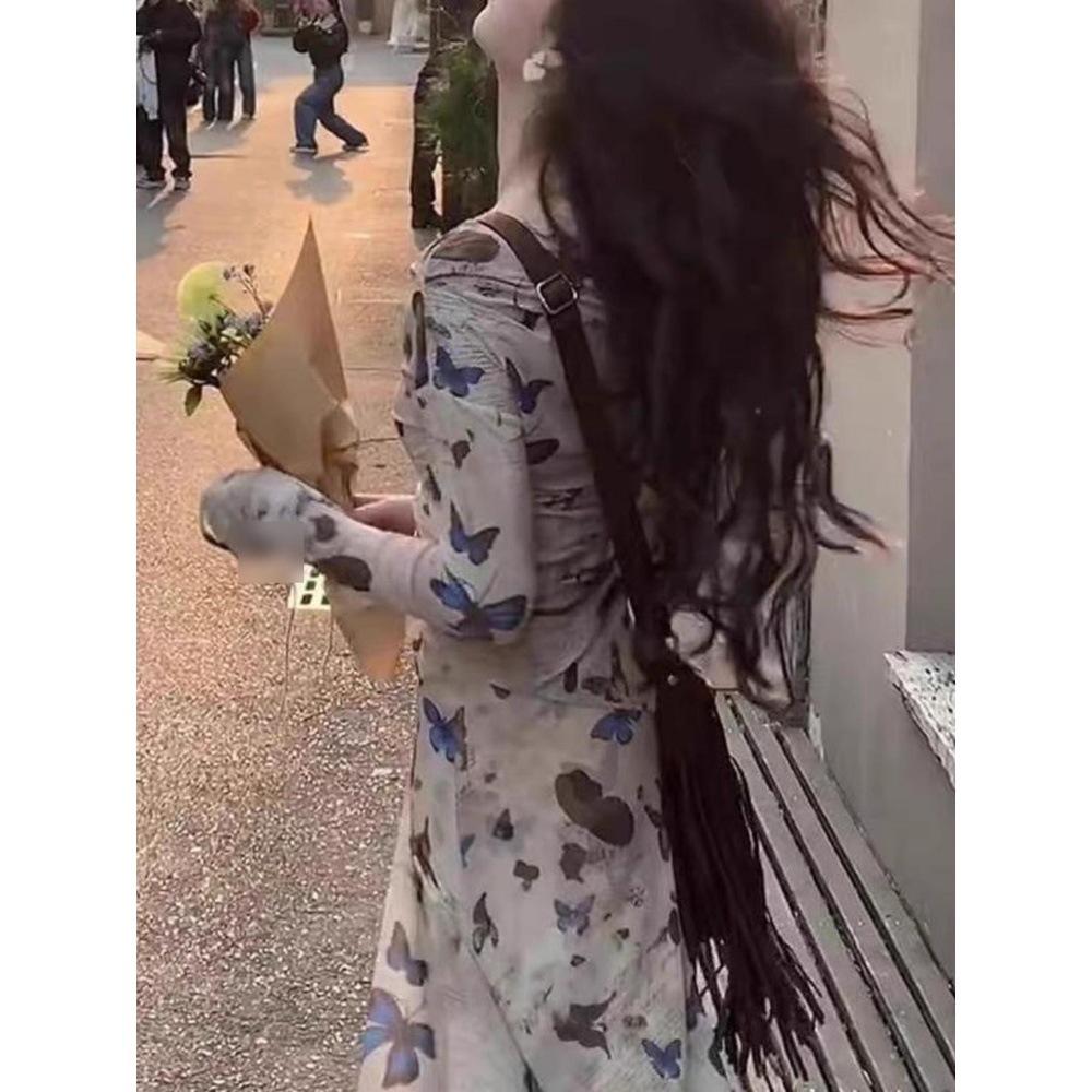 New temperament printed one-word shoulder dress casual irregular long skirt women's spring and autumn