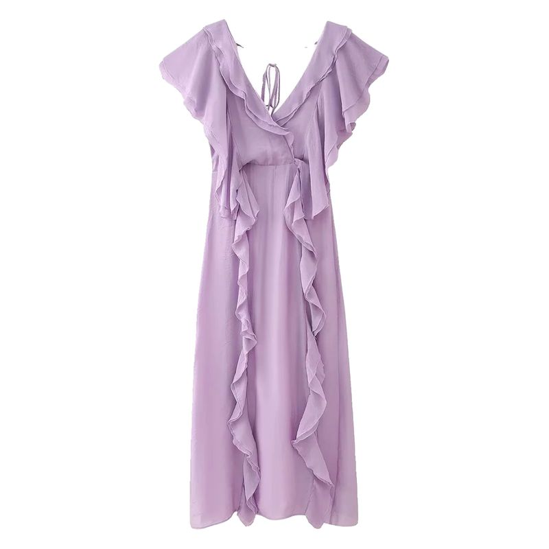 Kaslead New Arrival Women's Clothing Fashion Style Fashion Laminated Ruffles V Neck Long Dress