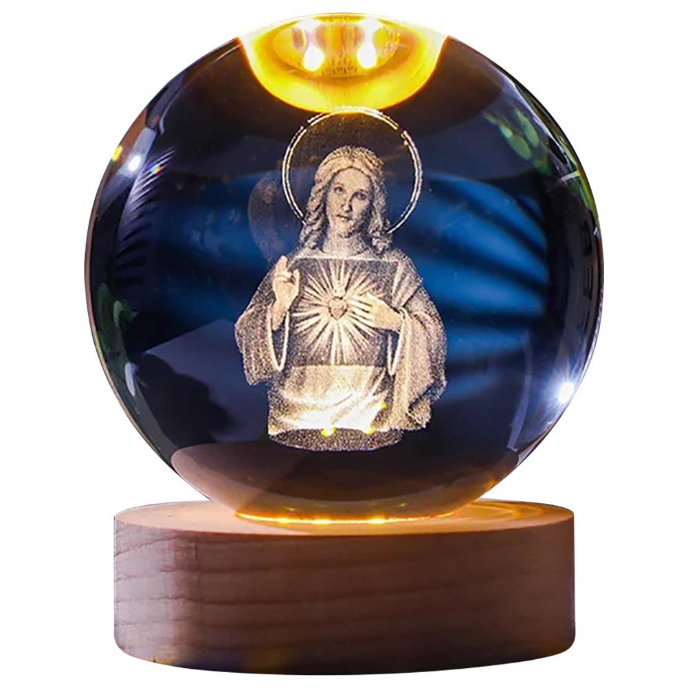 

Изысканный 3D гравированный хрустальный шар-ночник с деревянной основой и зарядкой через USB, идеально подходит для декора спальни Cross Blessing