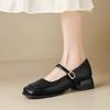 Spring Summer Women's French Style Shoes - Square Toe Chunky Heel Shoes with Metal Buckle Ankle Strap Leather Shoes