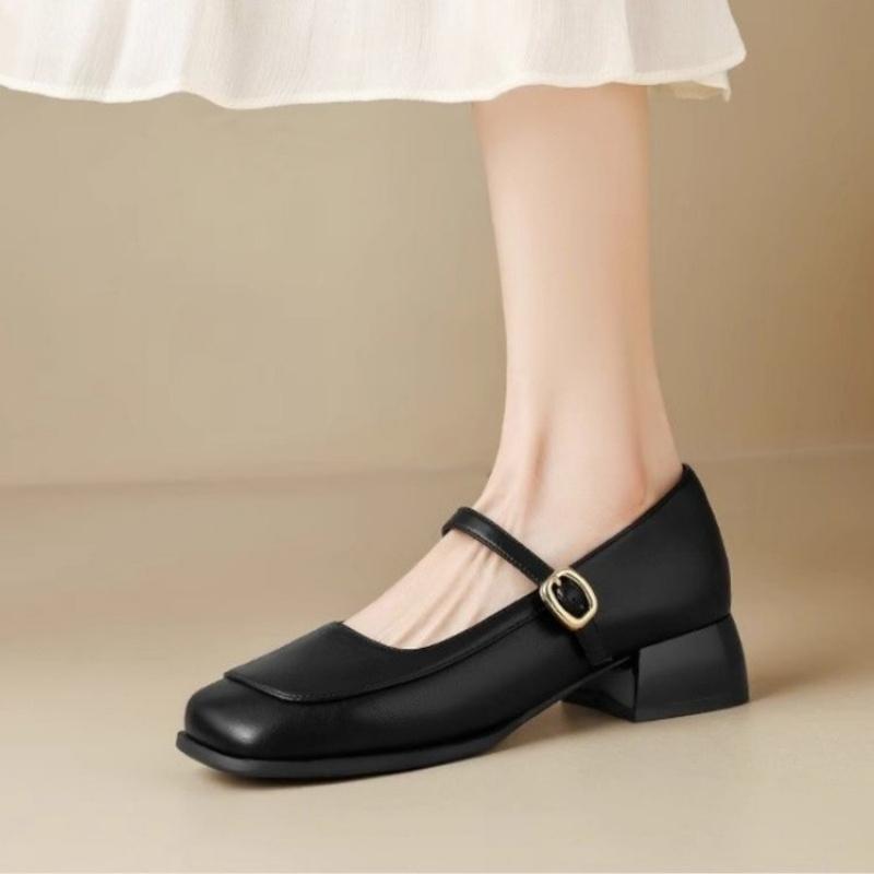 Spring Summer Women's French Style Shoes - Square Toe Chunky Heel Shoes with Metal Buckle Ankle Strap Leather Shoes