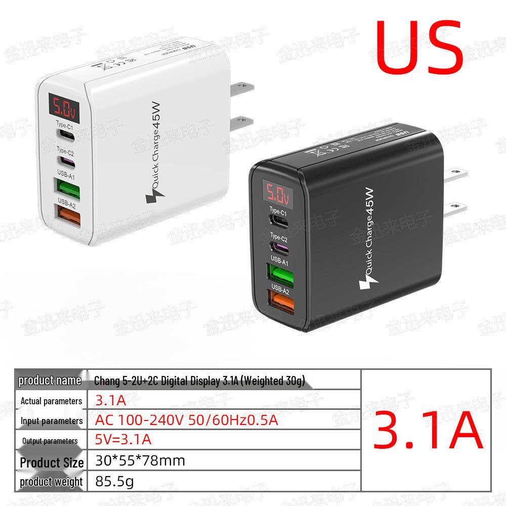 45W Multi-Port Phone Charger with Digital Display, 2A+2C, 3.1A, EU/UK Plug