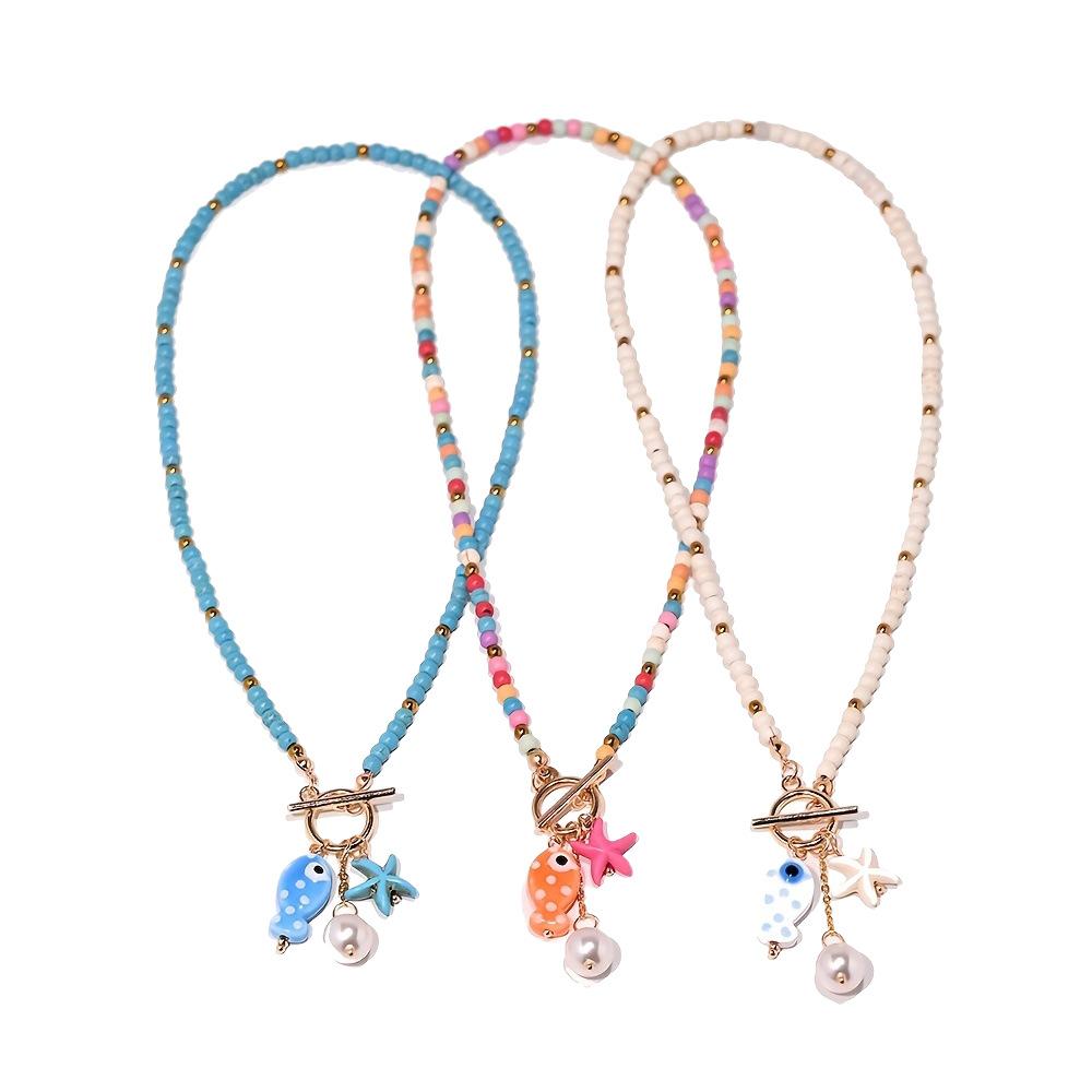 Böhmische vom Meer inspirierte Keramik-Fisch- & Seestern-Anhänger-Halskette Dopamin Regenbogenfarben Perlen Halsketten Strand-Schmuck