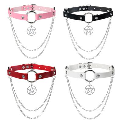 Gothic Pentagram Choker mit Kettenkragen für Damen Schwarzes Leder Choker Grunge Punk Alternativer Schmuck