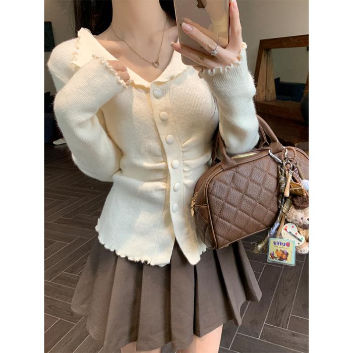 Core-spun Yarn Washing Water, Korean Lapel Fungus Edge Soft Waxy Knitted Cardigan Women's New Inner Versatile