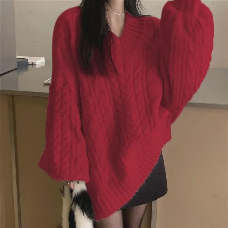 V-Neck Twisted Sweater: All-Match, Soft & Thick Wool Knit for Spring, Autumn, and Winter - Gentle, Lazy Korean Style Top