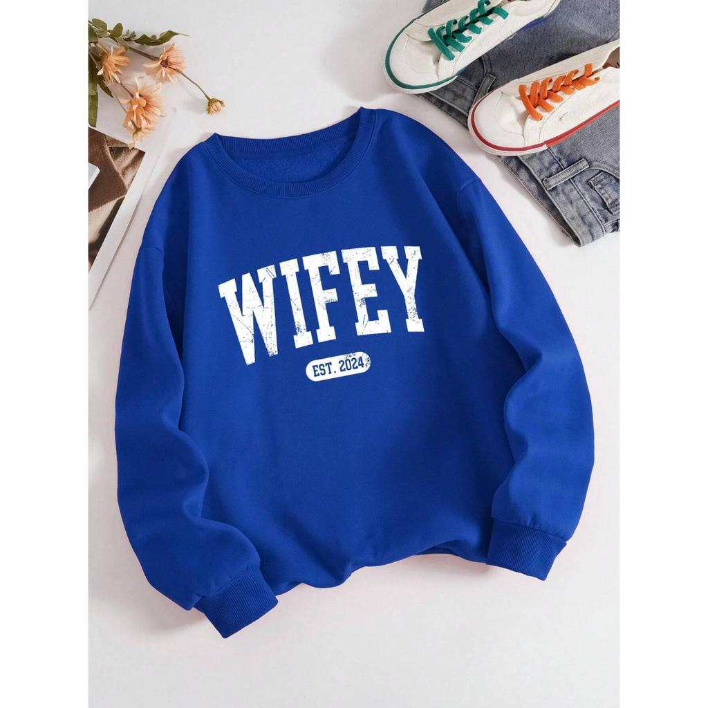 Street Casual Women Pullover Wifey EST.2024 Letter Printing Sweatshirt Warm Soft Hoodies Loose Crewneck Fleece Female Clothing