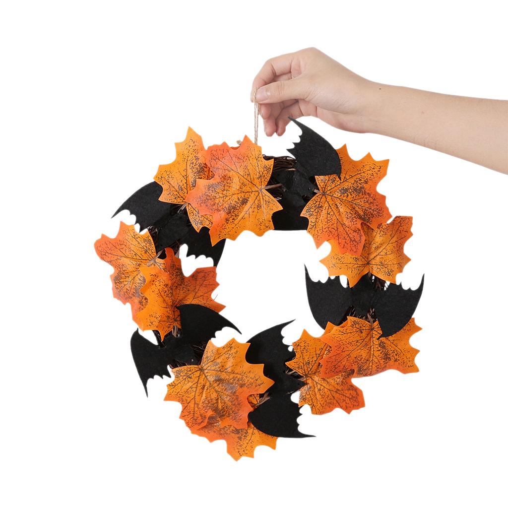 11 Inch Halloween Front Door Wreath Hanging Garland Artificial Maple Leaf Bat Wreath for Wall