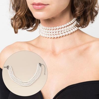 Women Necklace Faux Pearl Decor Four Layers Adjustable Length Solid Color Stainless Neck Decoration Jewelry Prom Party Banquet Bride Choker Necklace