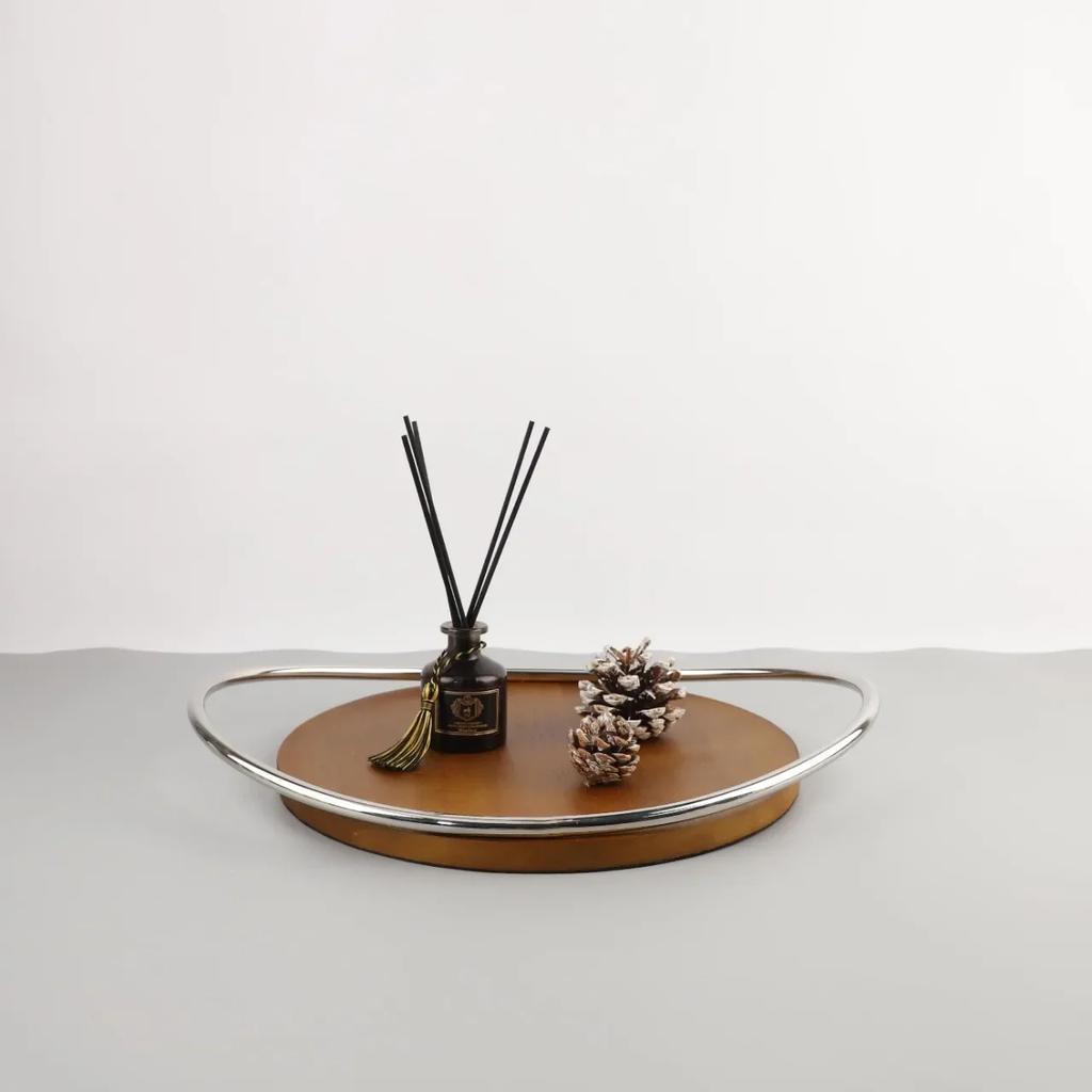 Stainless Steel Mirror Tray, Walnut Oval Handle Storage Tray, Luxurious Metal Aromatherapy, Cosmetics, Storage Decorative Panel