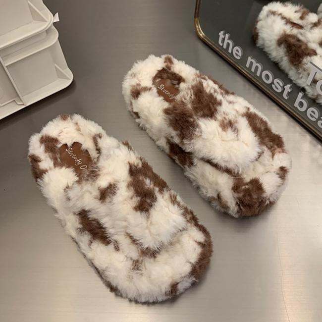 Plush One Word Dragging Women's Autumn and Winter Cow Color Thick Bottom Outer Wearing Cotton Dragging with Velvet Warm Fury Slippers