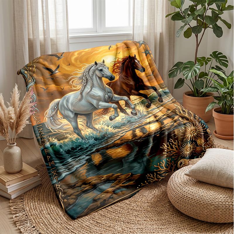 Oceanic Horse Majesty Theme blanket Lightweight Warm Flannel Blanket Decorative Throw Blanket for Home Decoration