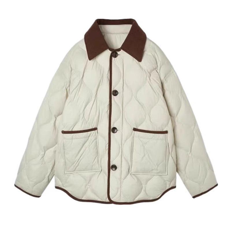 Cord-Patchwork-Daunenjacke Damen 2025 Wintermode Design-Sinn Rautenmuster Warm Klein duftend Weiße Entendaunenjacke
