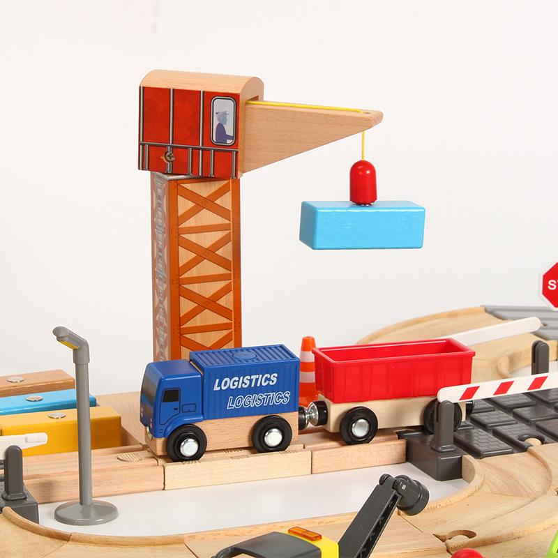 Wooden Train Track Set with Crane Works Rescue Educational Assemble Toys for Boys Girls Compatible with Wooden Rail Pd49