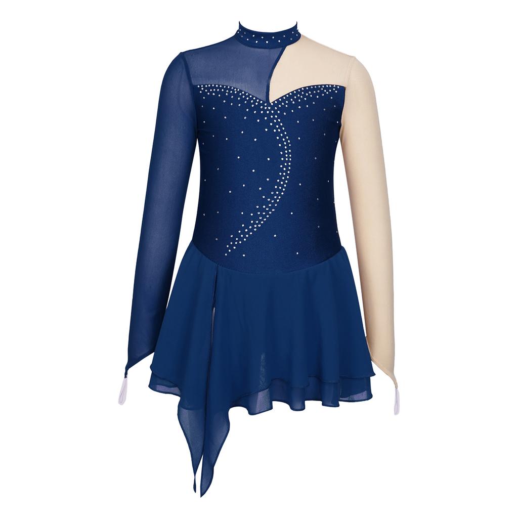 Girls Dance Dress Long Sleeve Round Neck Patchwork Design Hollow Back Rhinestone Detail Skating Costume