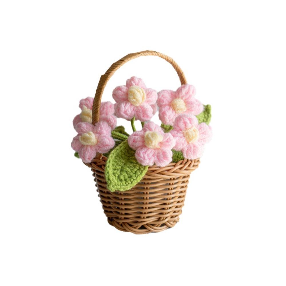 Small Crochet Flower Pot Handmade Puff Flower Potted Ornament  Office Desktop Decoration