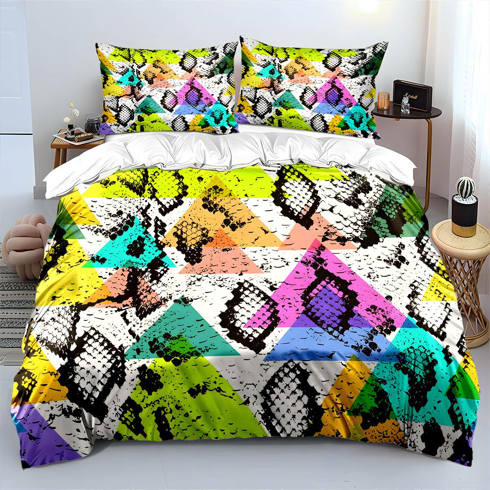 Colorful Triangles With Snake Texture Bedding Set For Kids Luxury Gift 3Pcs Digital Print Comforter Set Soft Comfortable