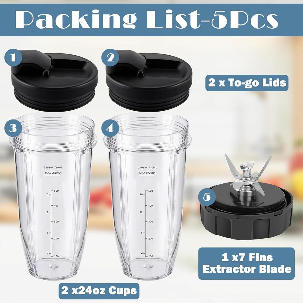 Blender Replacement Parts 24oz Ninja Blender Cups with To-Go Lids, 7 Fins Extractor Blade, Compatible with Nutri Ninja Auto iQ Blenders BL2012 BN801