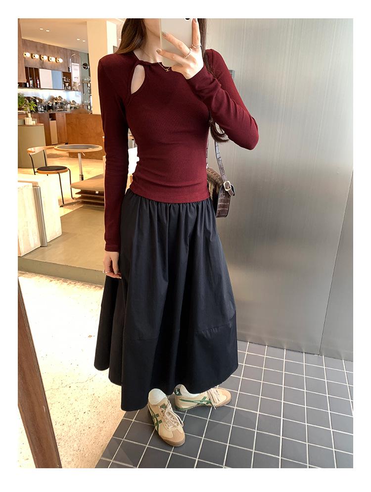 Women's Slim Fit Long Sleeve T-shirt - Pure Desire Collection: Hollow Round Neck, Drop Shoulder, Inner Layer for Autumn/Winter