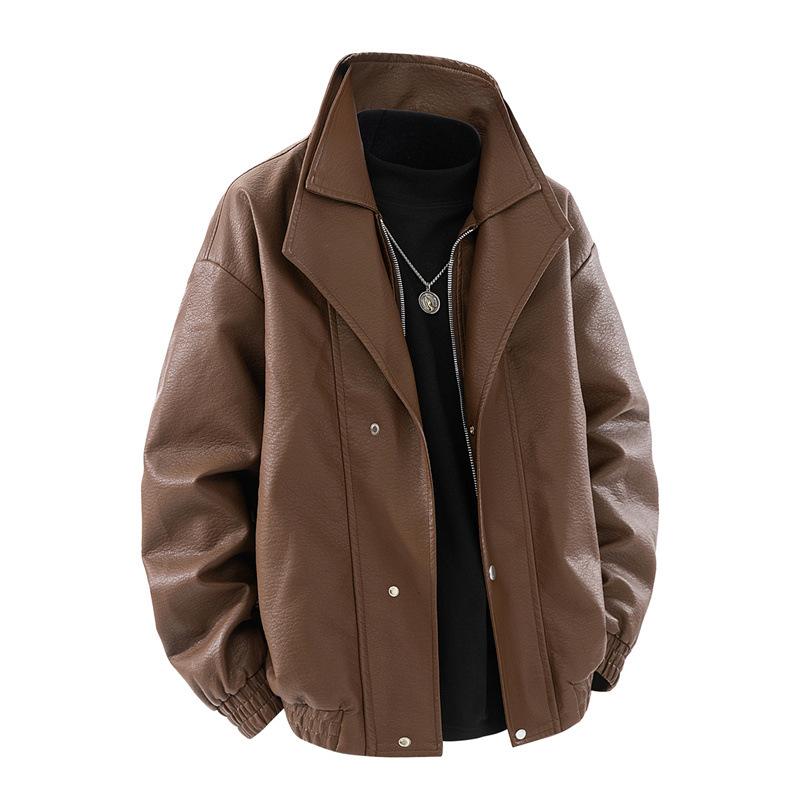 

Новый мужской американский мотоциклетный костюм Простой и универсальный воротник Кожаная куртка Свободная Модная Кожаная XXXL коричневый