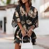 V-Neck Batwing Sleeve Layer Ruffle Hem Holiday Dress Summer Casual Waist Drawstring Coconut Leaves Print Mini Dress Female Clothes