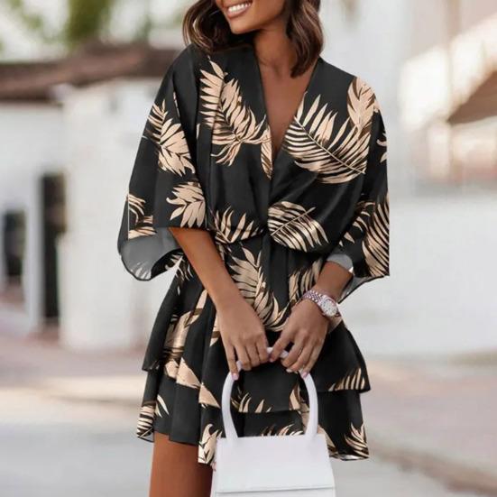 V-Neck Batwing Sleeve Layer Ruffle Hem Holiday Dress Summer Casual Waist Drawstring Coconut Leaves Print Mini Dress Female Clothes