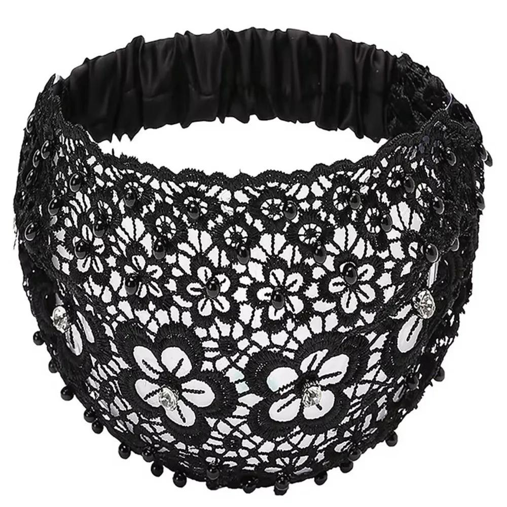 Crystal Pearl Floral Beaded Headbands Lace Hollow Pattern Plum Blossom Headband Stretchy Breathable Baotou Hat Hair Accessories