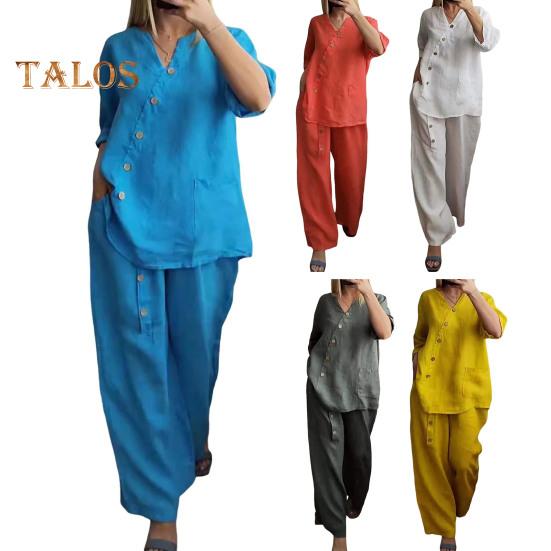 Ensemble chemisier et pantalon 2 pièces, col en V, boutons décoratifs, manches trois-quarts, haut, jambe large, taille élastique, pantalon OL, tenue décontractée pour la maison