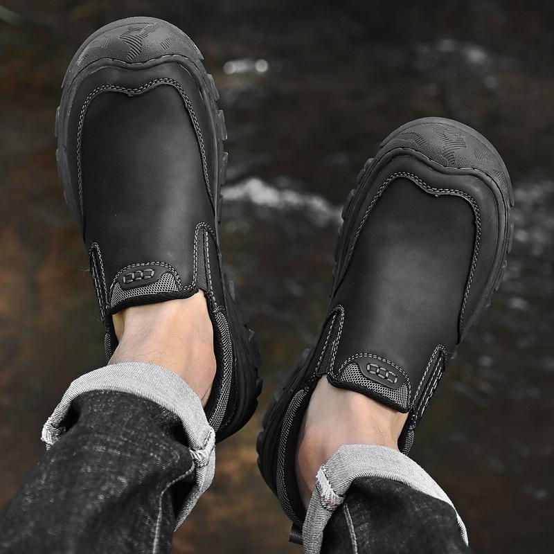 Hand Stitched Male Hiking Footwear Leisure Outdoor Walking Shoes New Antiskid Travel Trainers Genuine Leather Mens Slip On Shoes