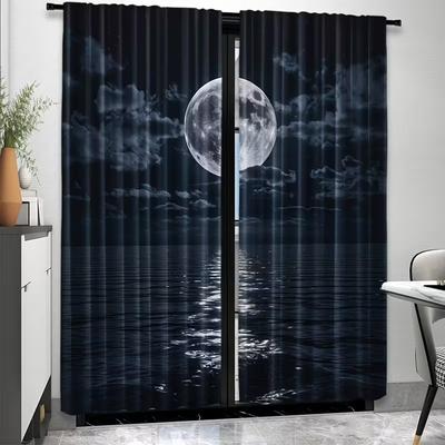 2Pcs Night View of the Sea Print Curtains,suitable for Bedroom,living Room Kitchen Decoration,home Decoration,window Decoration
