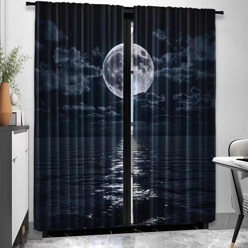 2Pcs Night View of the Sea Print Curtains  Suitable for Bedroom  Living Room Kitchen Decoration  Home Decoration  Window Decoration