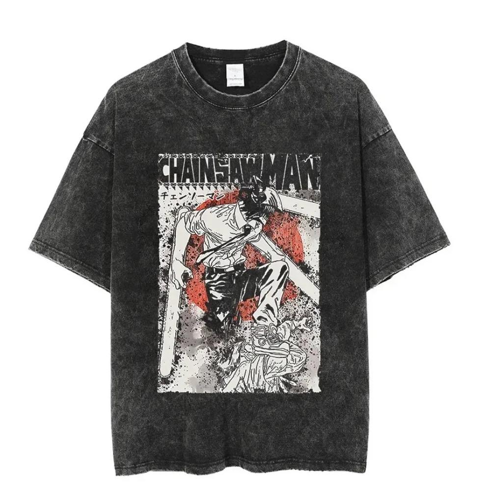 Vintage Washed Tshirts Chainsaw Man Anime T Shirt for Men Women Harajuku Oversize Tee Cotton Streetwear Unisex Tops