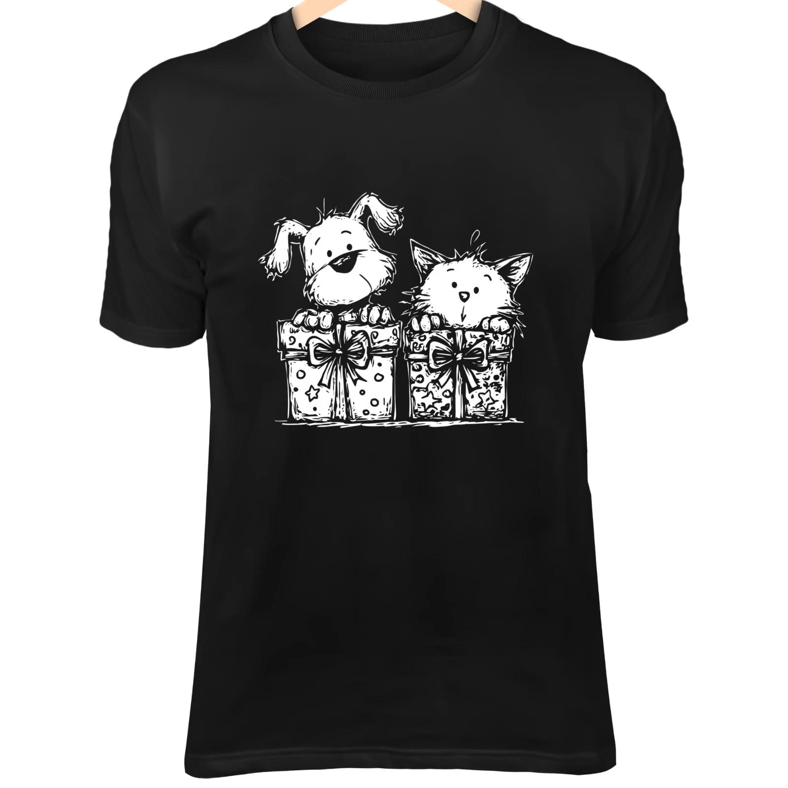 Christmas Dog & Cat Line Art - Minimalist Peeking from Gift Boxes with Ribbons M