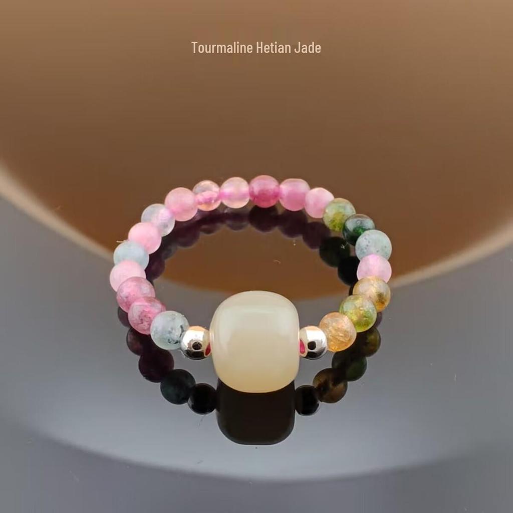 Natural Crystal Tourmaline Cat Paw Lucky Ring with Elastic Beaded Band
