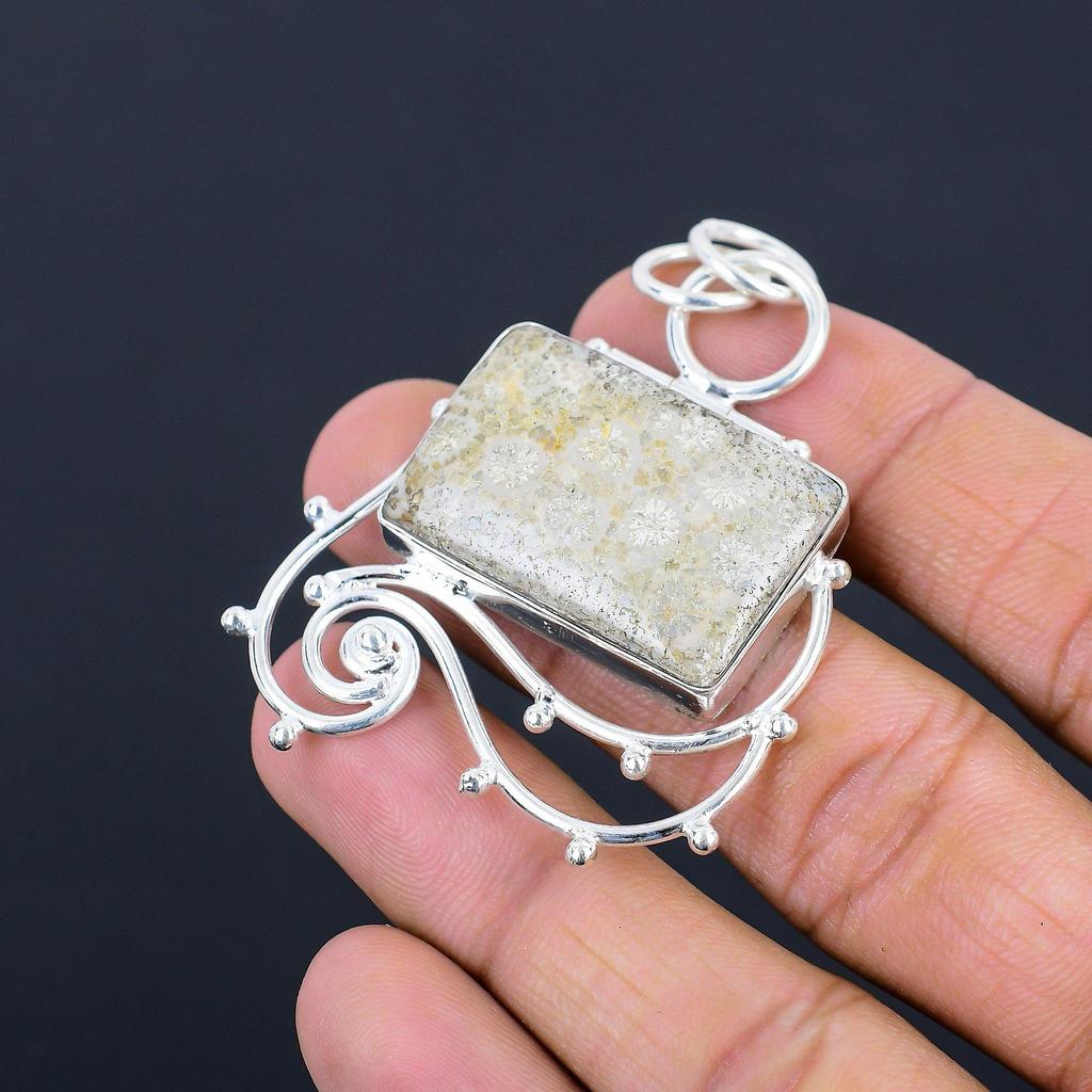 Natural Fossil Coral Gemstone Pendant 925 Sterling Silver Indian Jewelry