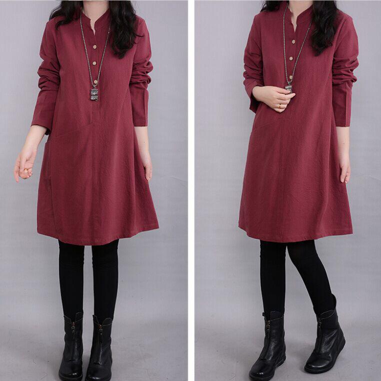 Autumn Literary Women's Loose Large Size Cotton and Linen Dress Long-sleeved Mid-length