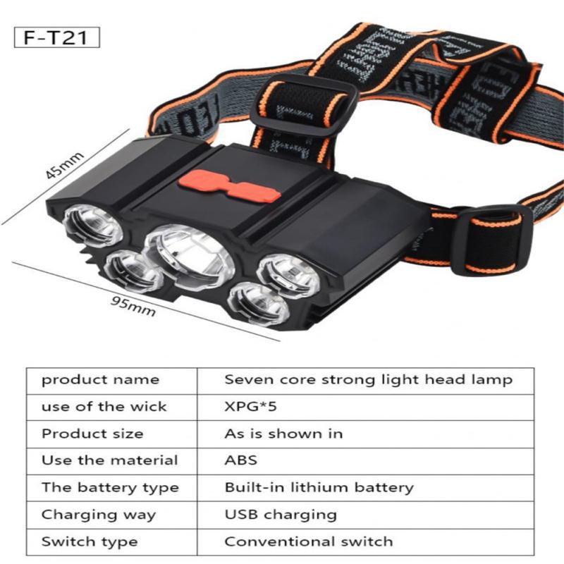 Strong 5-core Headlights Super Bright USB Charging Night Fishing Tele LED Headset Work Headlight Fishing Super Hiking Light