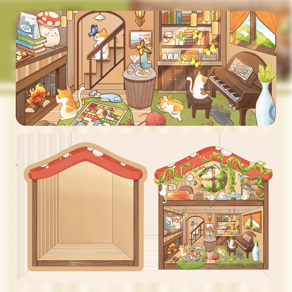 Cartoon Landscape Sticker Cat House Scene 3D Three-dimensional House Unzip DIY Scene Handbook Sticker