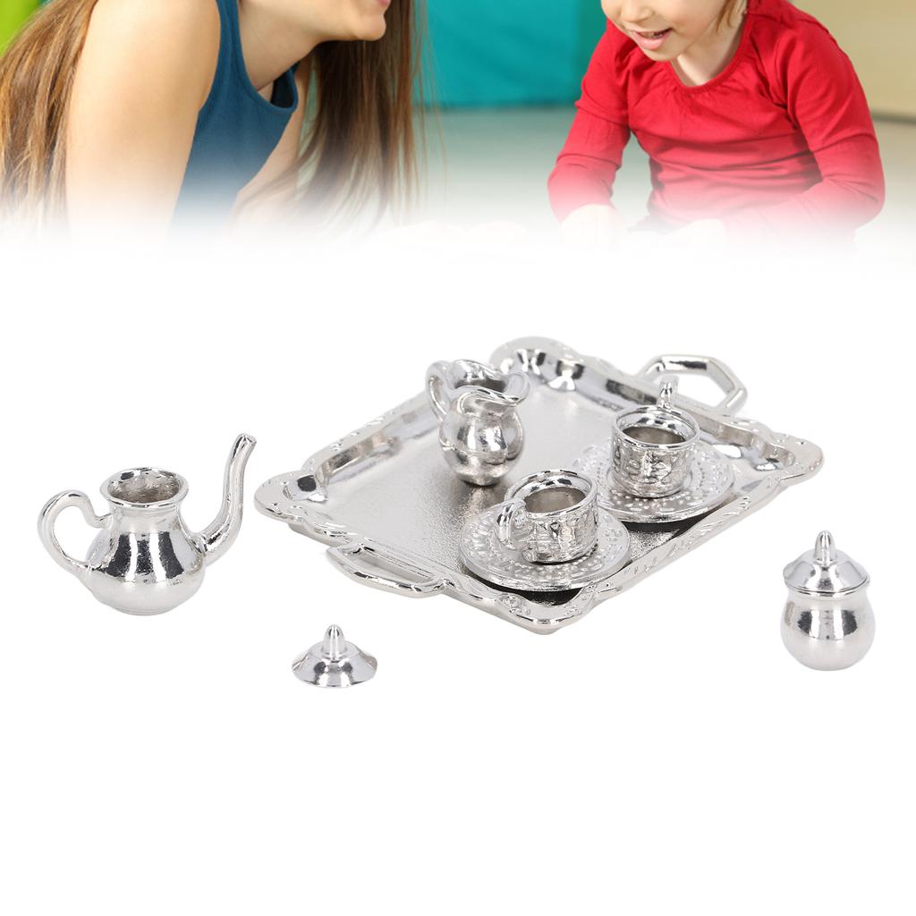 Mini Tea Set Metal 1/12 Scaled Simulation Lifelike Miniature Tea Cup Tray Kit for Dollhouse