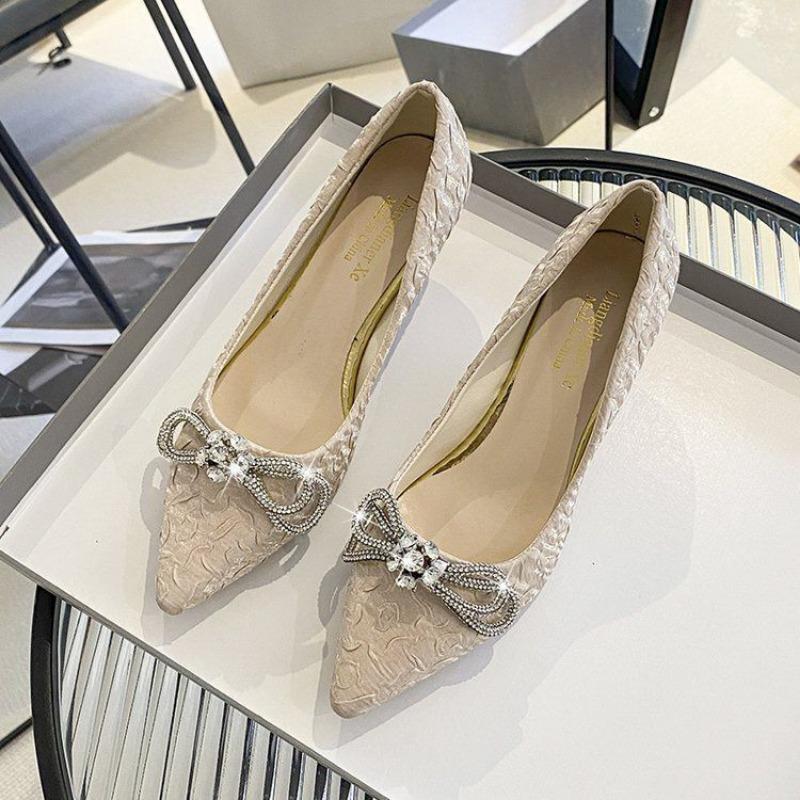 Rhinestone Woman Pumps Pointed Toe With Medium Heels Shoes for Women Korean Style Comfortable and Elegant Y2k Wedding Bride Shoe