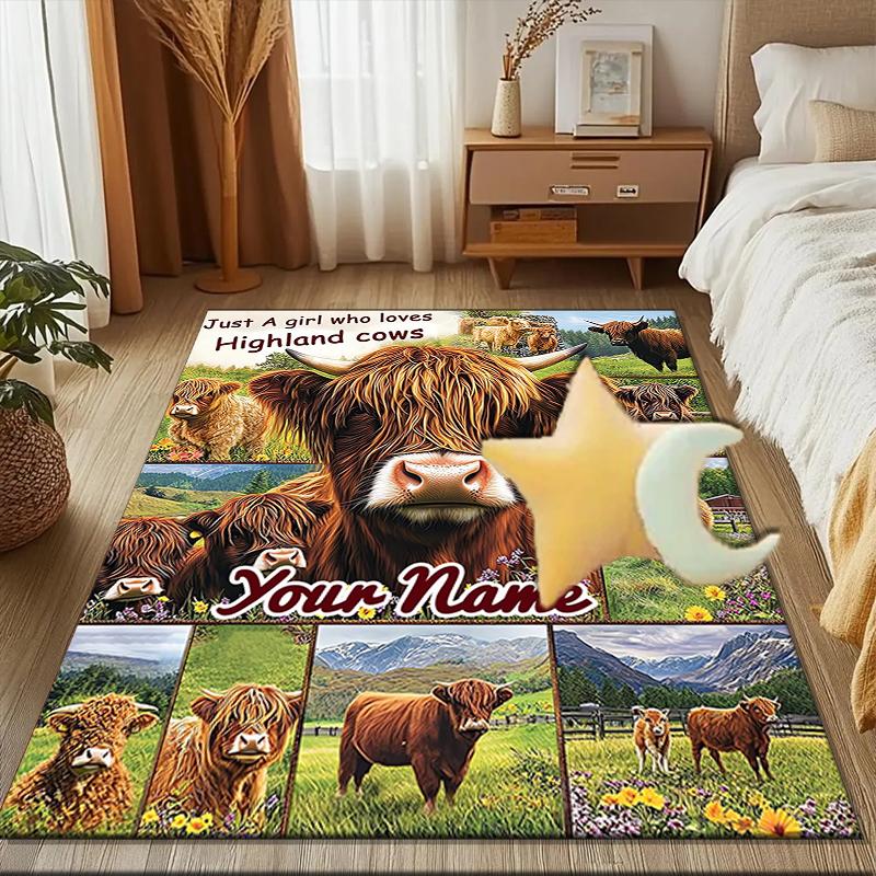 1PC Custom Name Love Highland Cows Theme Floor Mat Ideal for Living Room, Game Rooms, Office, Bedroom,Floor Mat Playful Design