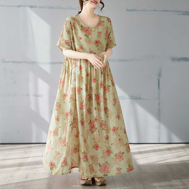 Summer Short Sleeved Round Neck Bohemian Long Skirt